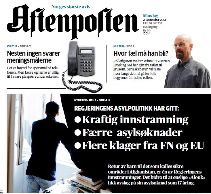 Faksimile av forsiden på dagens Aftenposten