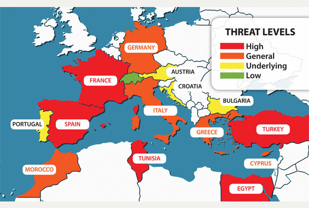 Trusselnivået i Europa. Illustrasjon: Nottingham Post.